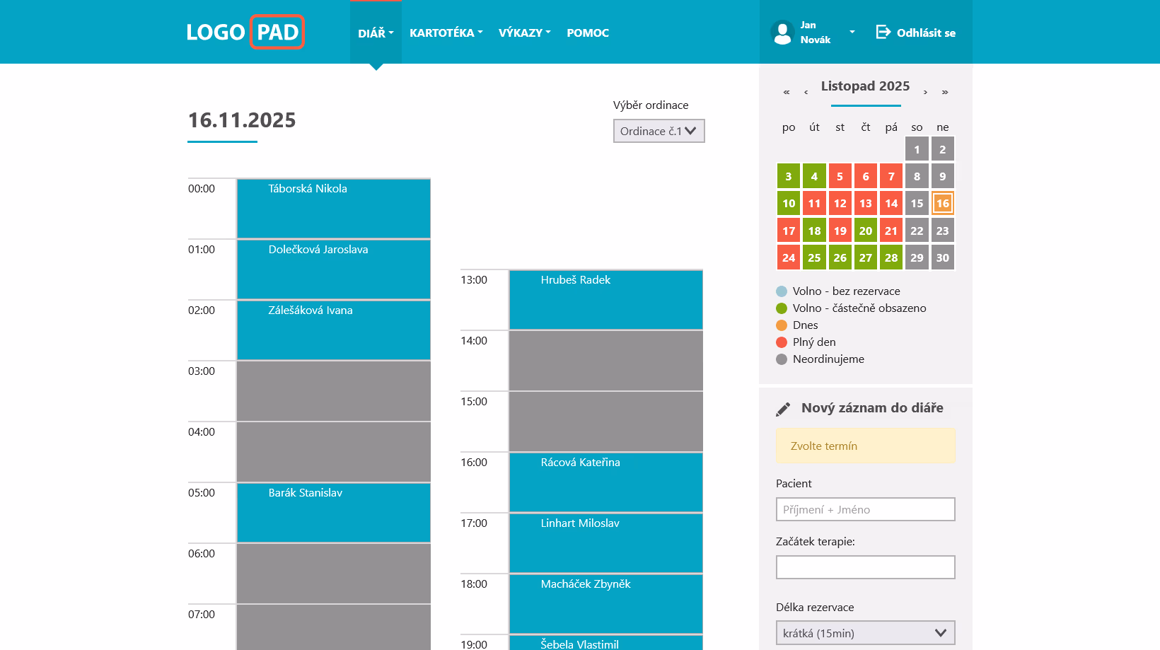 Screenshot diáře v LOGOPAD aplikaci