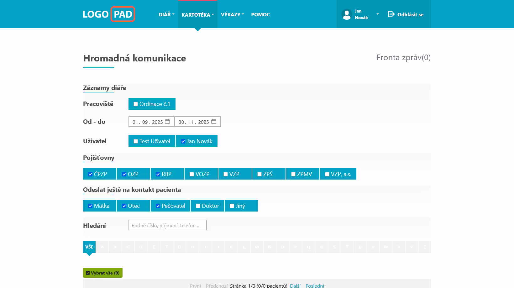 Screenshot hromadné komunikace v LOGOPAD aplikaci