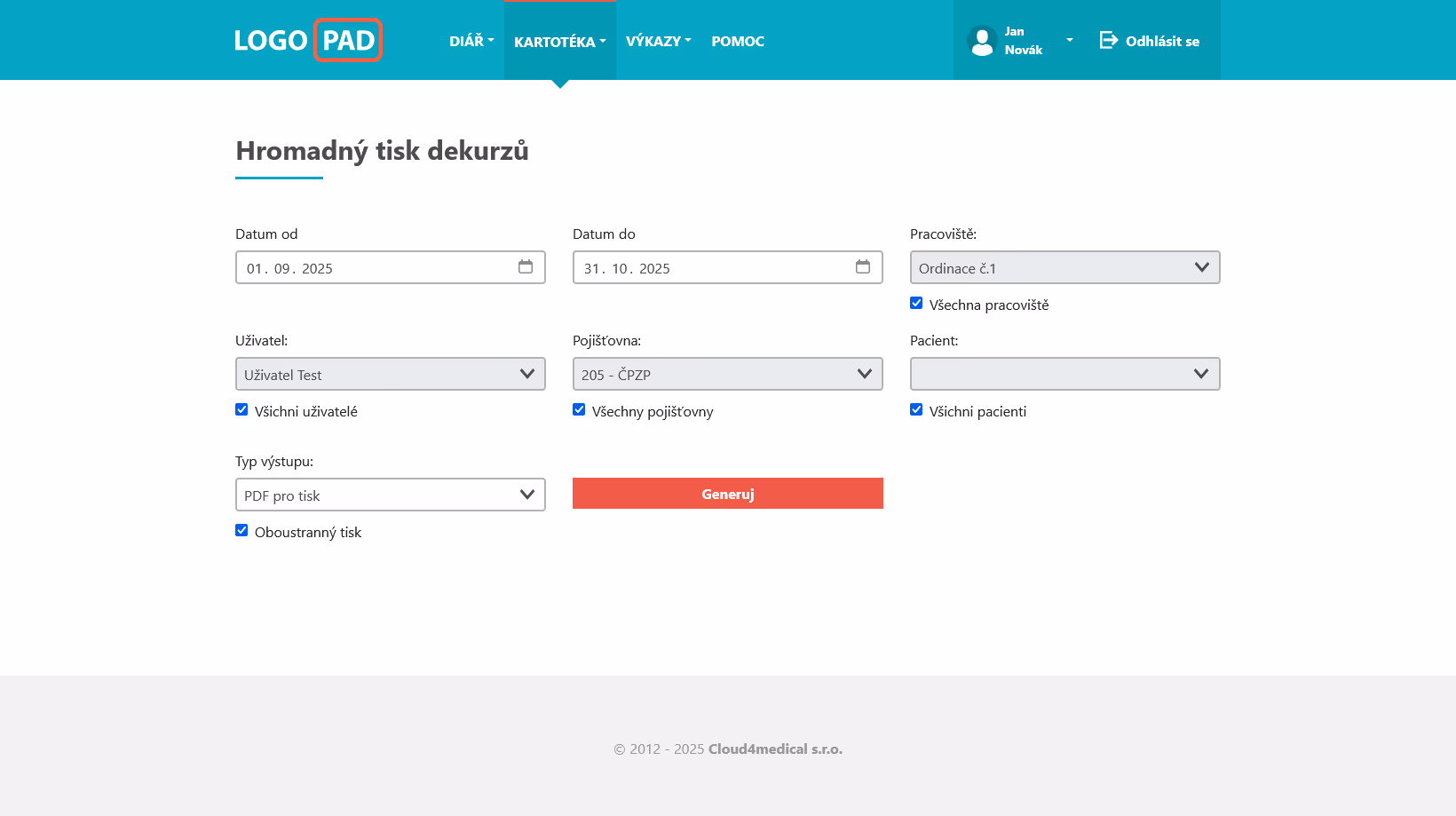 Screenshot hromadného tisku dekurzů v LOGOPAD aplikaci