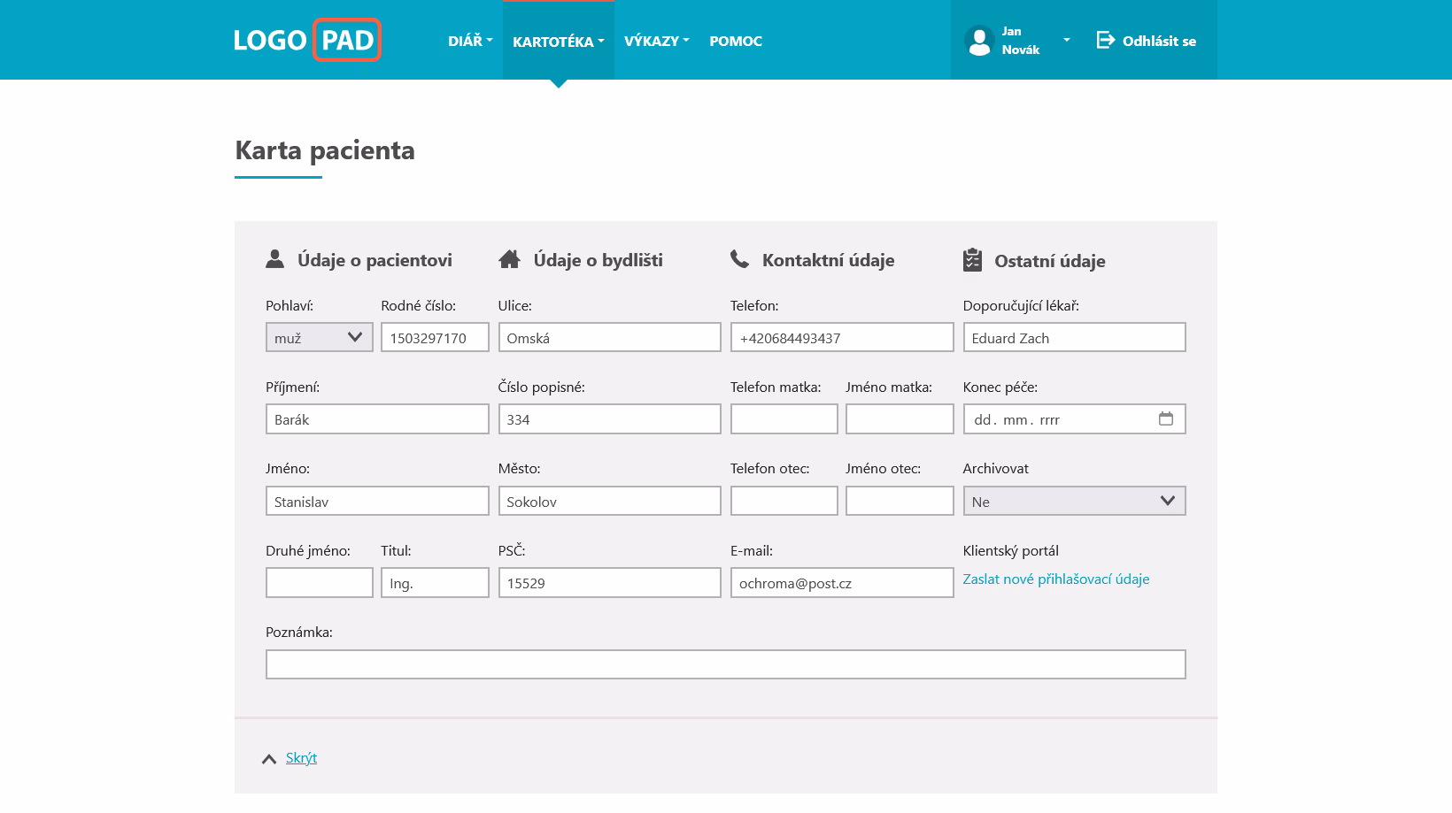 Screenshot karty pacienta v LOGOPAD aplikaci