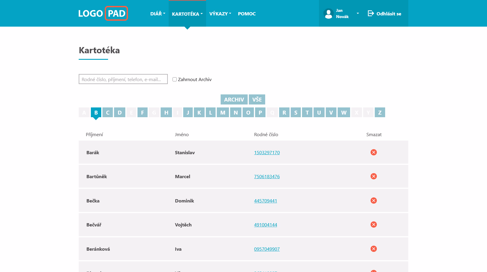 Screenshot kartotéky v LOGOPAD aplikaci