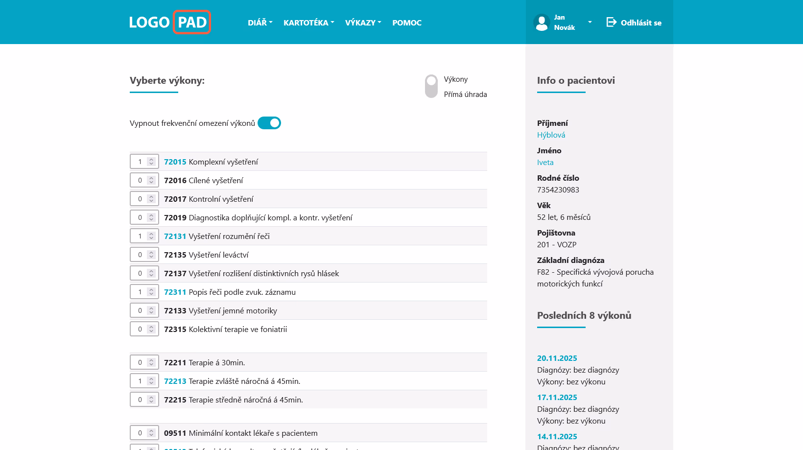 Screenshot výkazů v LOGOPAD aplikaci